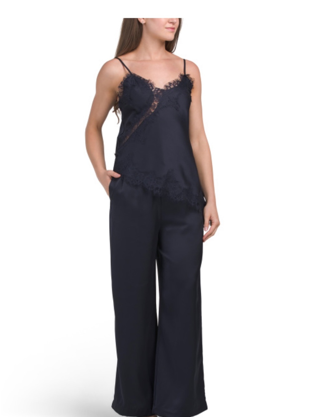 Lace-Trim Satin Cami & Wide-Leg Pajama Set - Navy
